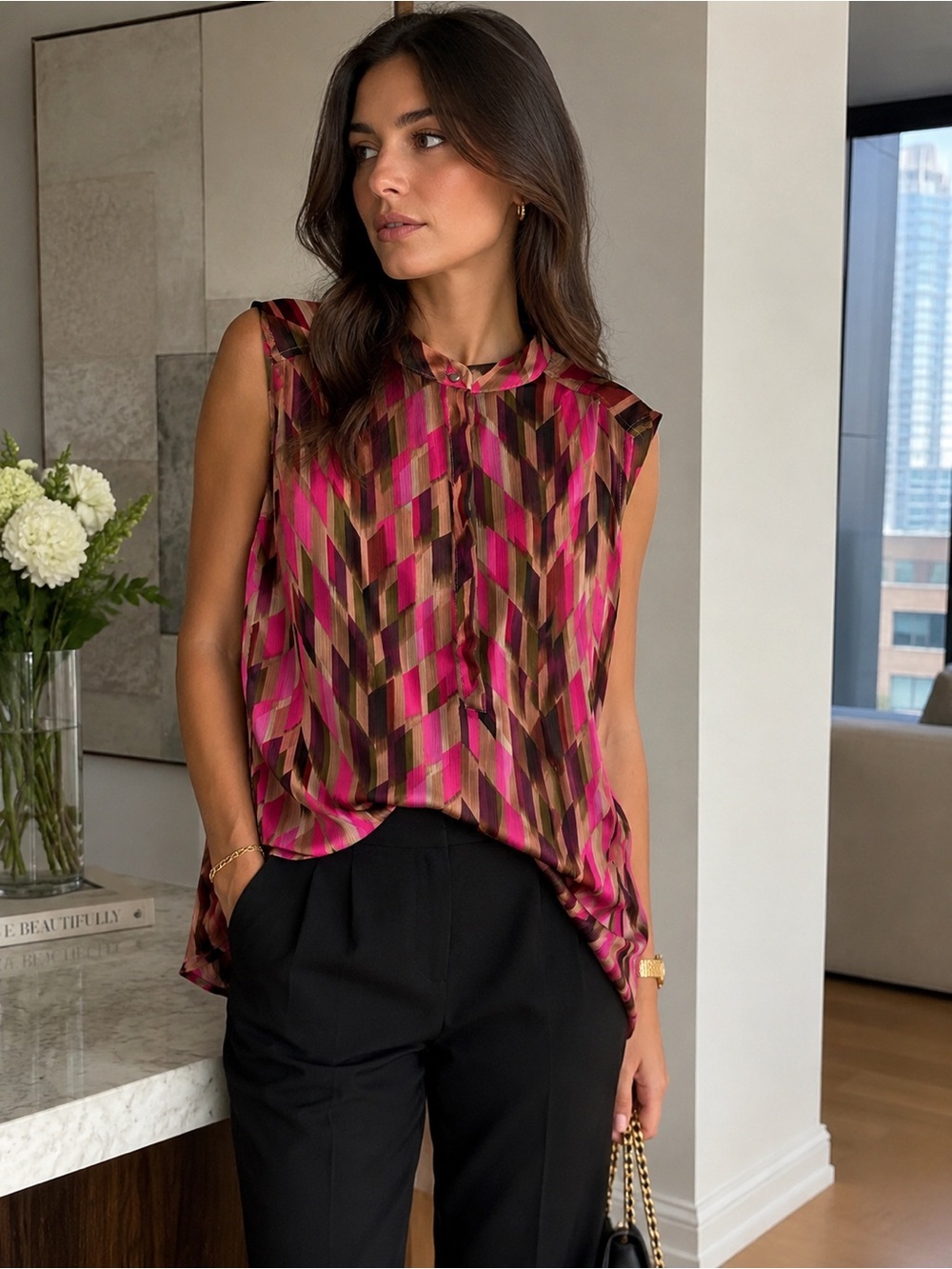 Liz Claiborne Geometric Sleeveless Blouse with Cami | Size Small